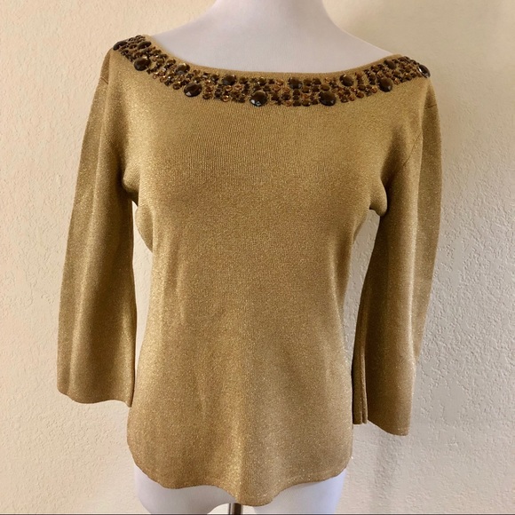 Sara & Lily Gold Metallic Embellished Sweater L - Picture 7 of 8